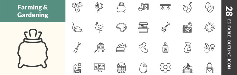 outline agriculture and farm icons set. editable linear sugar, harvest, sack, and other 25 icons in this category isolated on transparent background. © Abstract
