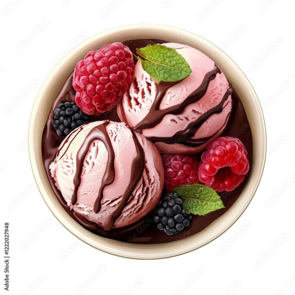 Aufkleber a bowl of pink raspberry ice cream drizzled with chocolate sauce and topped with fresh raspberries, 