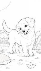 Line drawing of a smiling puppy on the ground with trees and grass in the background. Coloring book design. Fun activity for children. Pet love. Joy. Friendship. Innocence.

