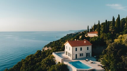 Stunning Mediterranean coastal villa with an infinity pool overlooking the serene sea and lush surrounding gardens offering a luxurious and tranquil vacation retreat