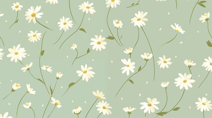 Soft green background adorned with seamless patterns of white daisies and delicate stems, creating a fresh spring aesthetic.
