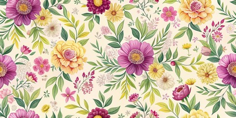 Vibrant Floral Pattern with Yellow and Purple Blooms, Lush Green Foliage, and Delicate White Flowers