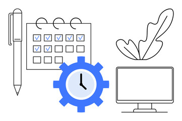 Pen, calendar with check marks, gear with clock, plant, and monitor represent organization and productivity. Ideal for time management, planning, efficiency, scheduling office setup productivity
