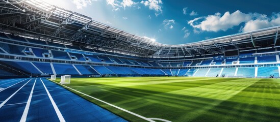 Sunny Day at Blue Stadium, Empty Pitch, Sky Background, Sports Advertising