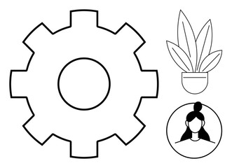 Large gear next to potted plant and human profile. Ideal for business teamwork, growth, productivity, teamwork, user experience, customization, efficiency themes. Minimalistic abstract line flat