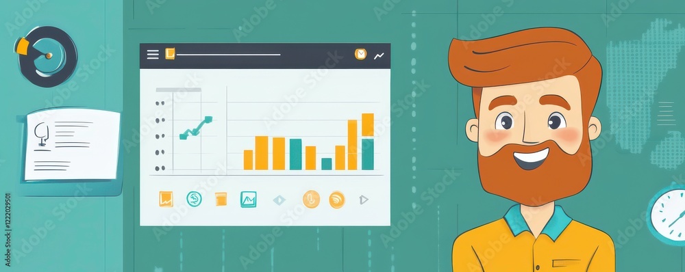 Poster a cheerful character presents a colorful data dashboard, showcasing graphs and statistics on a teal 