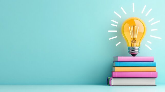 Education Essentials: Colorful Brain Boost Lightbulb with Books and Stationery for Effective Learning