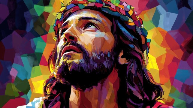 Abstract portrait of man with colorful crown of thorns in vibrant geometric style. Easter, Pascha, Paskha, Ostern, Pascua, Paques - Orthodox and Catholic Holiday celebration