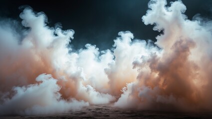 Obraz premium Ethereal Fog Effect with Soft Blue and Orange Glow on a Dark Rocky Background