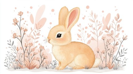 Obraz premium Adorable bunny in a pastel floral meadow with delicate blossoms. Easter, Pascha, Paskha, Ostern, Pascua, Paques - Orthodox and Catholic Holiday celebration