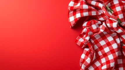 Red and White Checkered Tablecloth with Green Herbs on Red Background