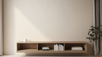 Minimalist living room interior with wooden media console and natural decor. Beige wall, light stone floor, and green plant creating a serene and stylish atmosphere in soft natural lighting.
