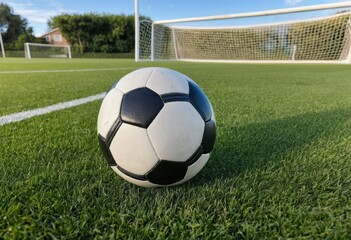 Soccer Ball on Grass Field Near Goal, Sporting Goods Photography