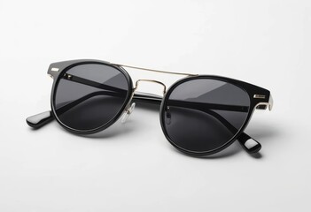 Stylish Black Round Sunglasses with Gold Accents on White Background