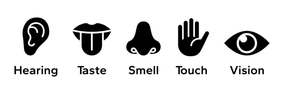 Human senses icon set. Vision eye, smell nose, hearing ear, touch hand, taste mouth with tongue. Simple line icons and black circle. Five senses of human nervous system. Vector illustration.