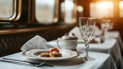 Vintage luxury train dining car with gourmet dishes and sparkling crystal glassware evoking a sense of nostalgic elegance and refined sophistication