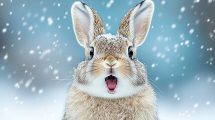 Obraz premium Surprised bunny in snowy winter wonderland with falling snowflakes. Easter, Pascha, Paskha, Ostern, Pascua, Paques - Orthodox and Catholic Holiday celebration