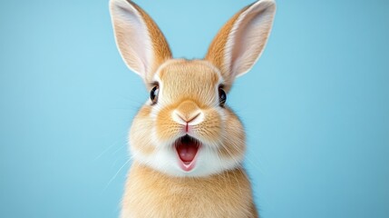 Happy brown rabbit with open mouth on light blue background. Easter, Pascha, Paskha, Ostern, Pascua, Paques - Orthodox and Catholic Holiday celebration