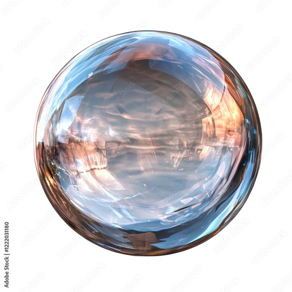 Poster a digitally created image shows a transparent sphere reflecting a cloudy sunset or sunrise.
