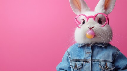 Cute rabbit wearing pink glasses and denim jacket blowing bubblegum against pink background. Easter, Pascha, Paskha, Ostern, Pascua, Paques - Orthodox and Catholic Holiday celebration
