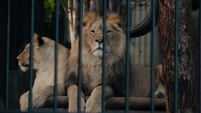 Lion and lioness relax in their zoo enclosure. The majestic animals lie down, resting on a wooden beam behind the bars. They gaze calmly at the visitors passing by.
