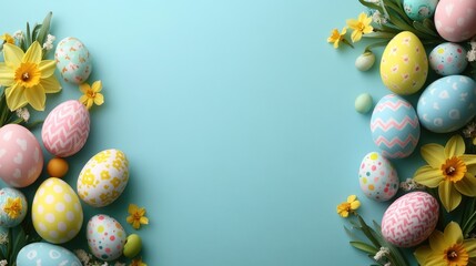 Colorful easter eggs and daffodils on a light blue background. Easter, Pascha, Paskha, Ostern, Pascua, Paques - Orthodox and Catholic Holiday celebration
