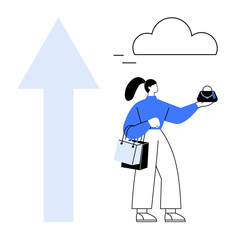 Woman holding coins and shopping bags, standing near a large upward arrow and cloud. Ideal for themes of economic growth, online shopping, e-commerce, success, investments, consumerism, prosperity