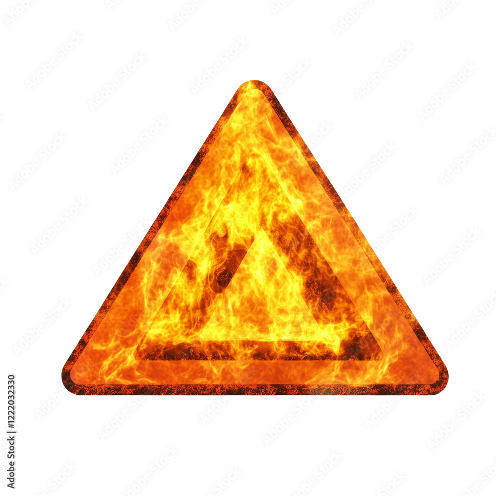 Poster A triangular warning sign engulfed in intense flames serves as a visual representation of extreme danger or hazard.
