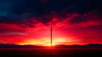 Silhouetted Power Pole Against Vibrant Sunset Sky with Clouds