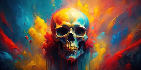 Vibrant Abstract Skull Painting with Dripping Paint and Bold Colors