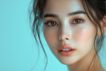 Naklejka premium Smiling Asian Woman with Radiant Skin Touching Her Face Against a Light Blue Background, Perfect Portrait for Skincare Product Campaigns