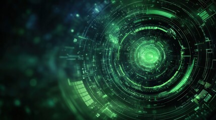A digital interface-like background with dynamic green and black patterns, representing a high-tech theme