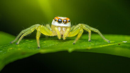 Fototapeta premium Green jumping spider standing on a vibrant green leaf