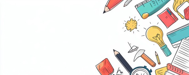A colorful assortment of school and office supplies arranged creatively, featuring pencils, notebooks, and light bulbs, suggesting creativity and productivity.