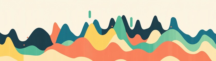 A colorful abstract wave pattern featuring flowing shapes in shades of green, orange, and blue against a light background.