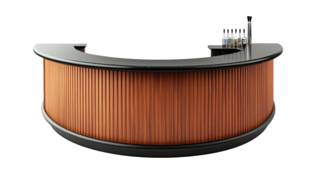 A modern curved bar counter with a dark top and wooden vertical slats, showcasing liquor bottles and a dispenser.