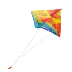 A vibrant rainbow colored kite flies on a dark background, its string extending down.