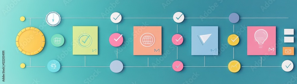 Poster a colorful infographic illustrating a flowchart with various icons representing tasks and processes.
