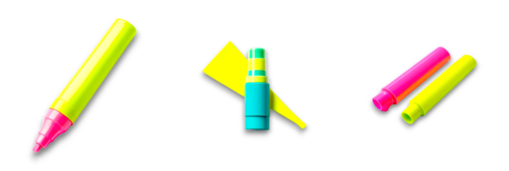 Isolated highlighters on transparent background, vibrant colors for marking