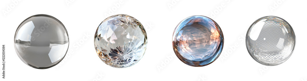 Poster the image shows four oval-shaped glass objects with varying textures and refractive properties, set 