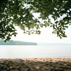 Tranquil Lakeside View Framed by Lush Green Tree Canopy
