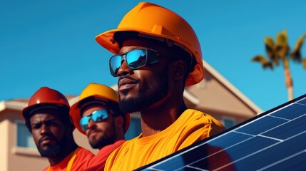 A diverse team of engineers, including African American and Hispanic workers, installing solar panels on a suburban home under bright blue skies
