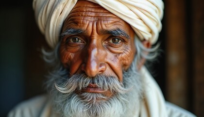 Old Indian man with a wise expression posing in a traditional turban against a blurred background