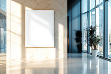 Modern Lobby with Blank Poster Mockup: A contemporary office lobby bathed in sunlight features a large, blank vertical poster mockup, offering a clean and modern design for advertisement or branding.
