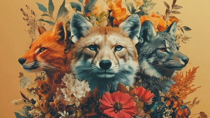 Fototapeta premium Three foxes adorned with autumn leaves and flowers displaying their diverse colors and charm