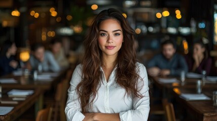 Confident woman restaurant meeting background.  Business portrait