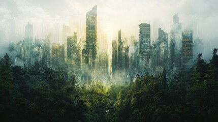 Fototapeta premium A Fusion of Nature and Urban Landscape: Majestic Towers Overgrown with Lush Greenery in a Mysterious Foggy Climate Captivating Urban Jungle Aesthetic