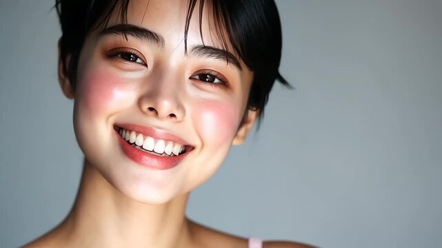 Woman sports a stylish Pixie Cut, also known as Short Bob with Bangs or Layered Crop. The short layers and soft bangs enhance her youthful elegance. It is timeless, low maintenance look.
