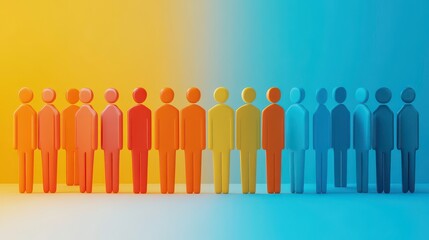 A vibrant illustration of diverse figures standing in a line, transitioning from warm oranges to cool blues, symbolizing unity and diversity.