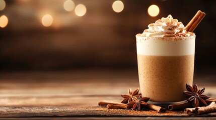 Cozy coffee drink topped with cream and spices in warm atmosphere
